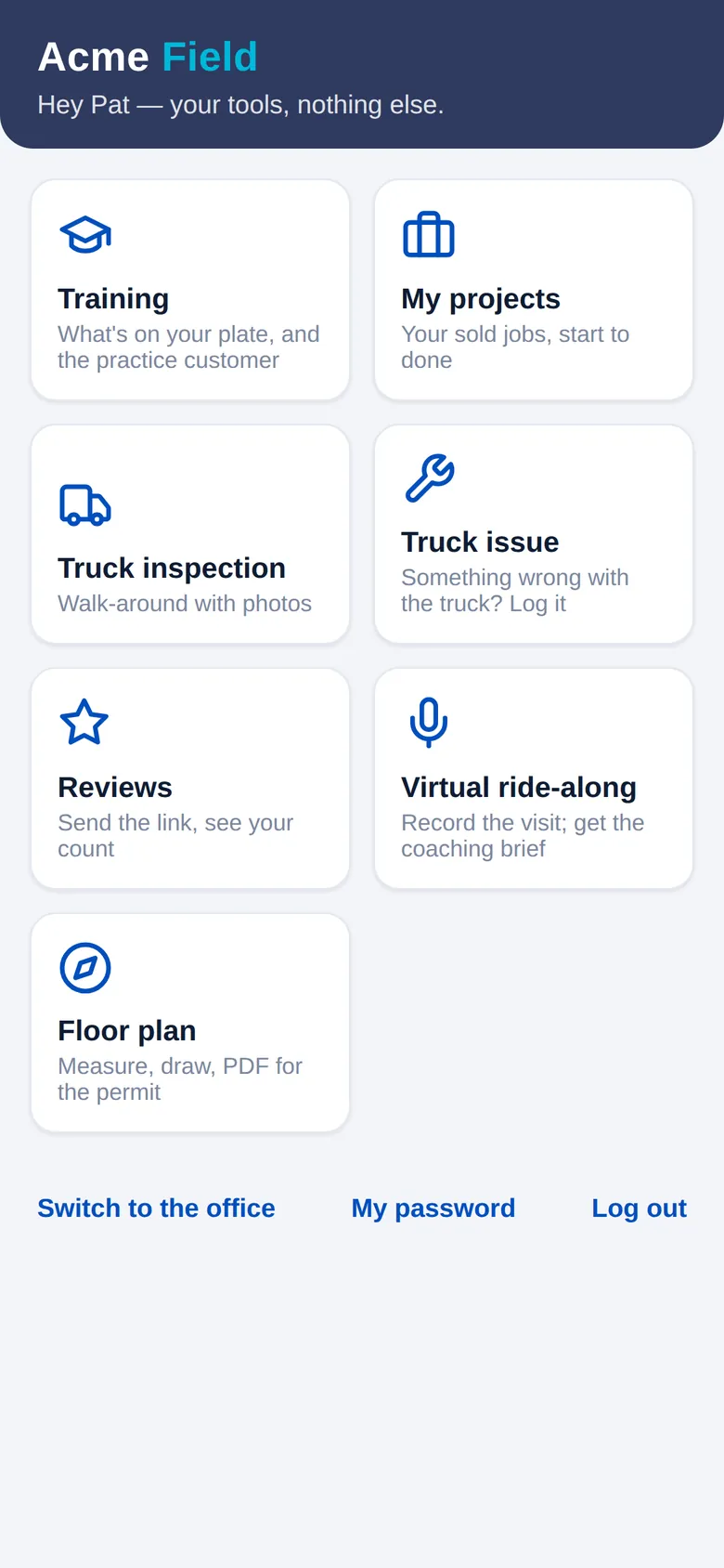 The tech's phone screen: training, projects, truck inspection, truck issue, reviews, ride-along, floor plan